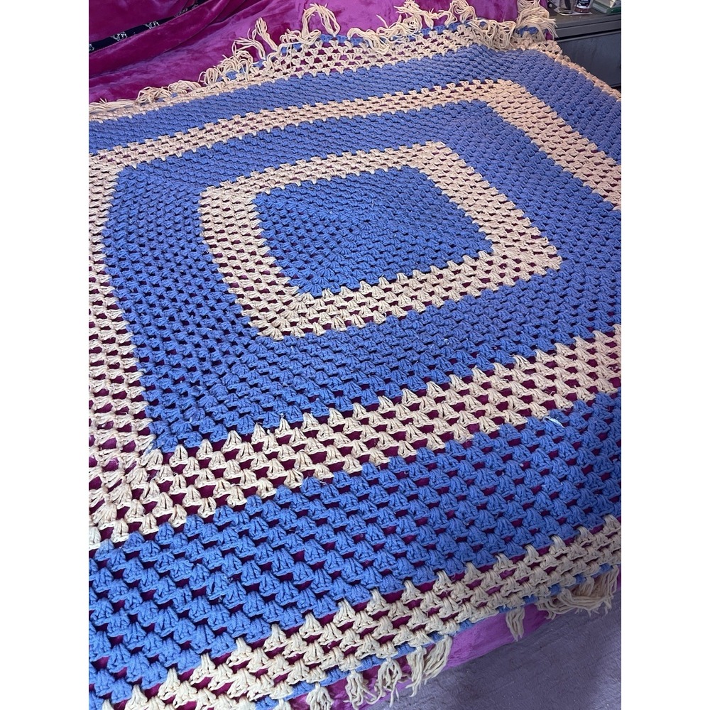 handmade Crocheted afghan Granny‎ Square 3D Light Pink Blue Approx59x71"